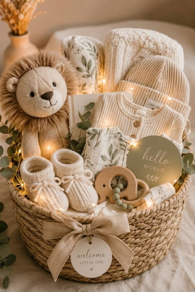 Baby hamper with plush lion and cream baby essentials