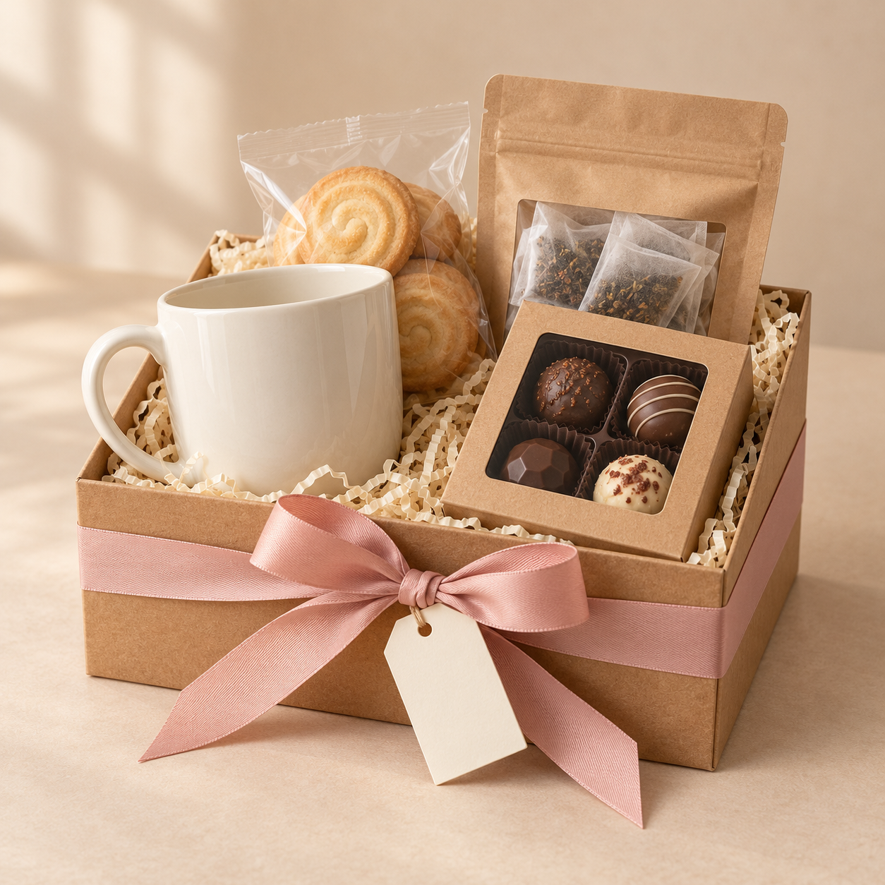 Gift box with a mug, biscuits and chocolates