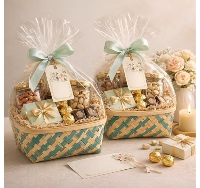 Festive gift baskets with sage ribbons, nuts and chocolates