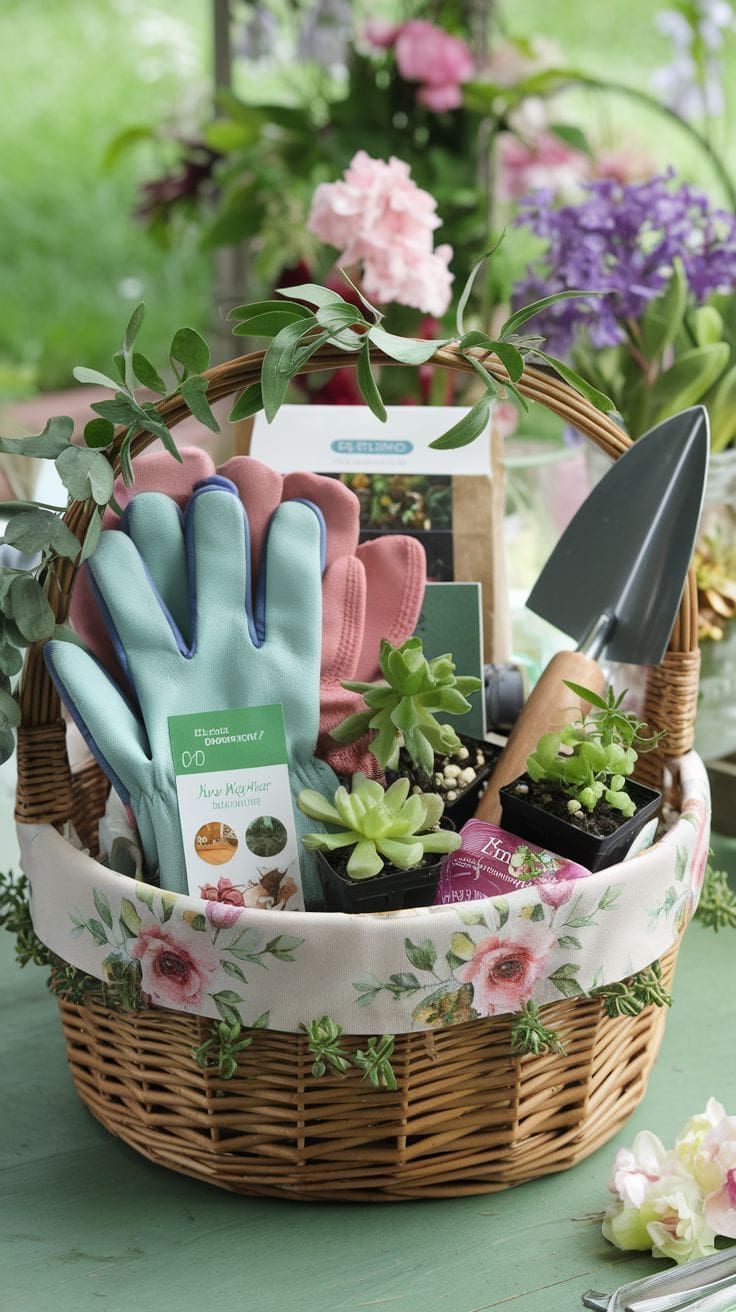 Gardening gift basket with gloves, plants and a hand trowel
