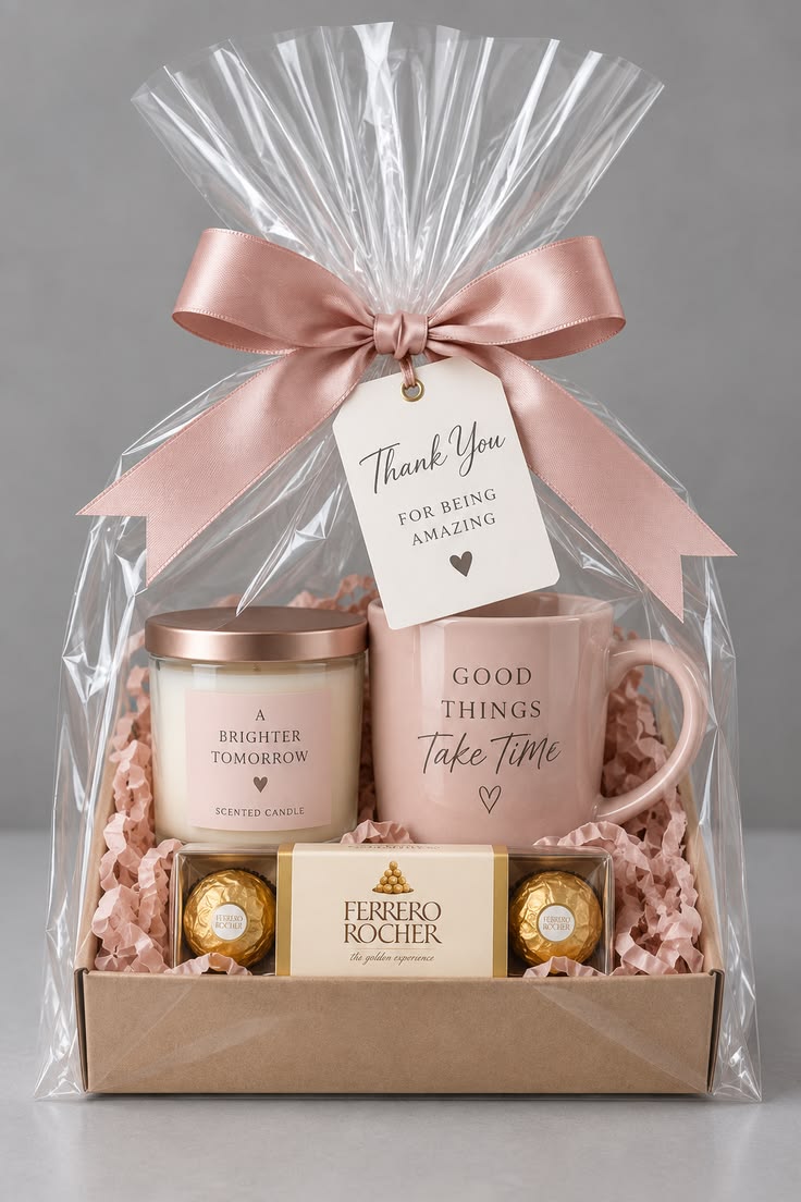 Pink hamper with a candle, mug and chocolates