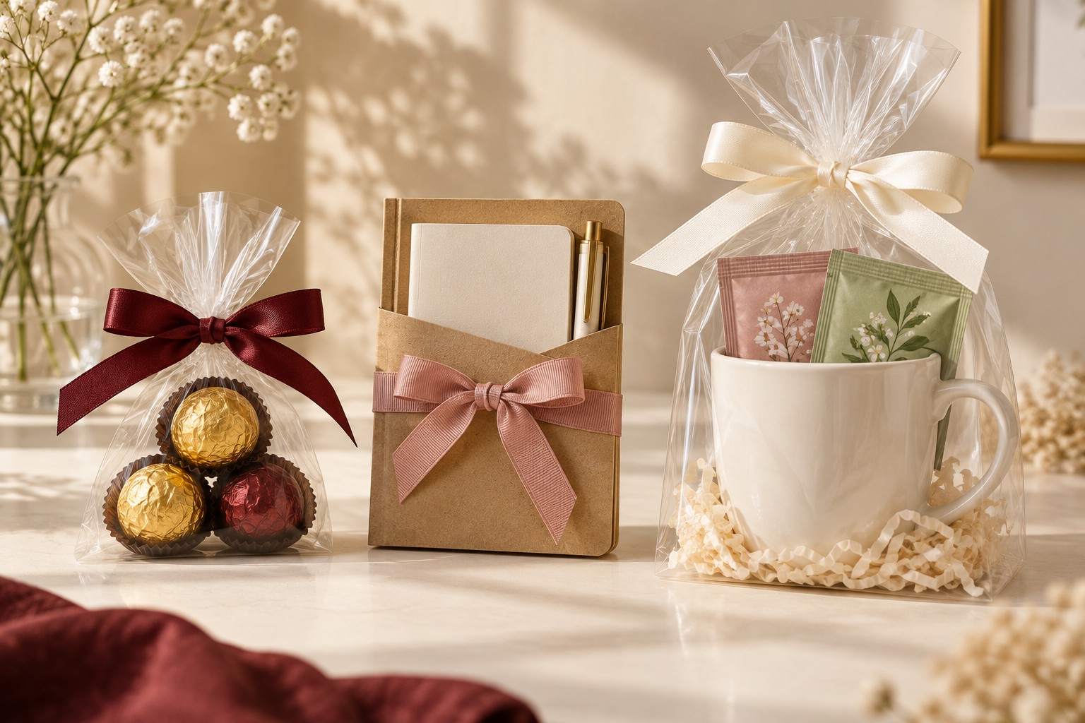 Sample individual gifts: a ribbon-tied chocolate bag, mini notebook with pen, and a mug with tea sachets