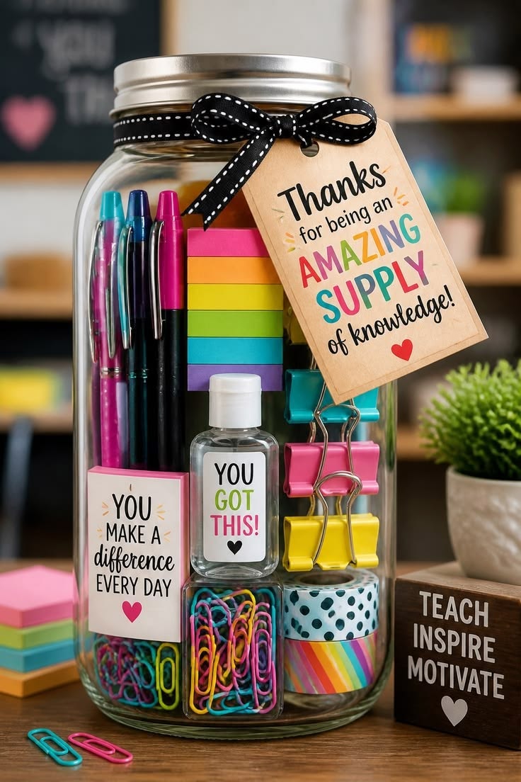 Teacher appreciation stationery gift with colourful supplies